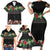 Hawaiian Tropical Flowers and Tribal Polynesian Tattoo Family Matching Short Sleeve Bodycon Dress and Hawaiian Shirt Black Color