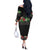 Hawaiian Tropical Flowers and Tribal Polynesian Tattoo Off The Shoulder Long Sleeve Dress Black Color