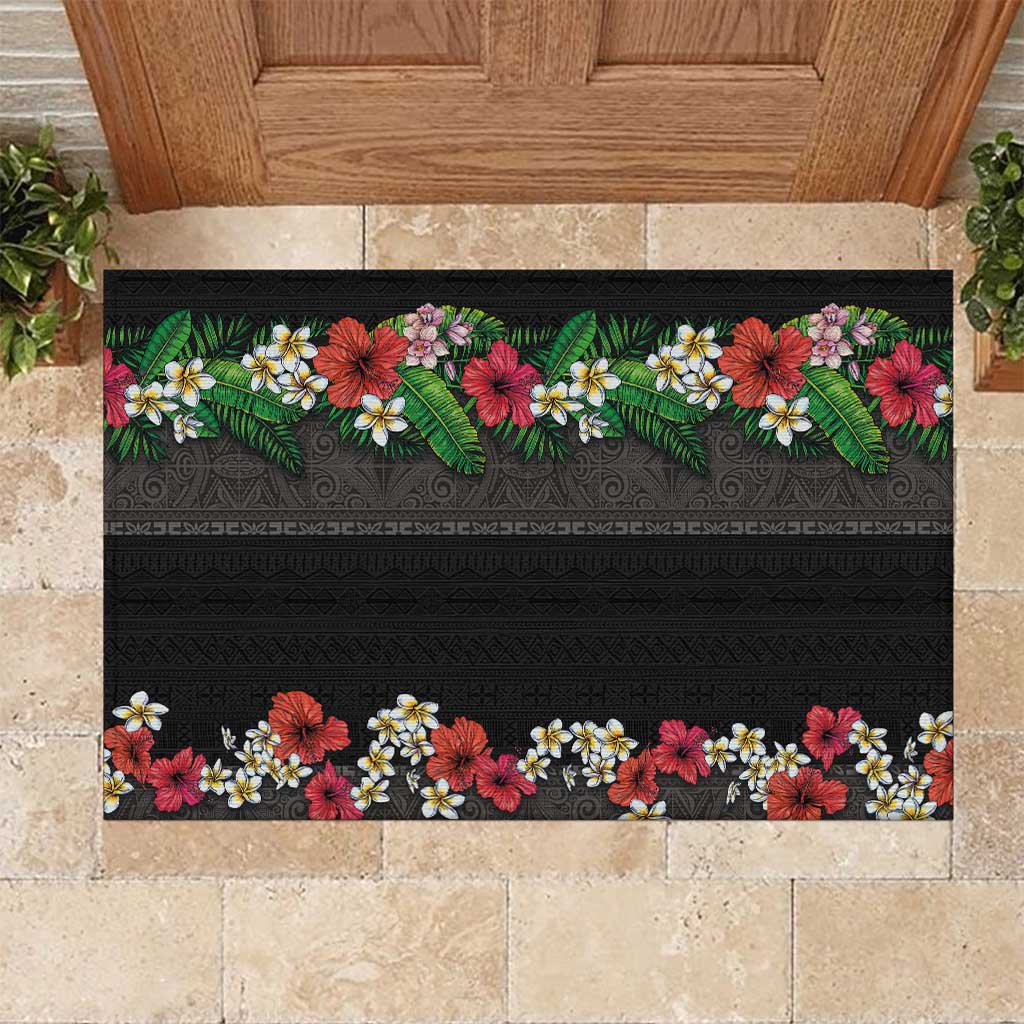 Hawaiian Tropical Flowers and Tribal Polynesian Tattoo Rubber Doormat Black Color LT03 Black - Polynesian Pride