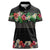 Hawaiian Tropical Flowers and Tribal Polynesian Tattoo Women Polo Shirt Black Color