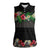 Hawaiian Tropical Flowers and Tribal Polynesian Tattoo Women Sleeveless Polo Shirt Black Color