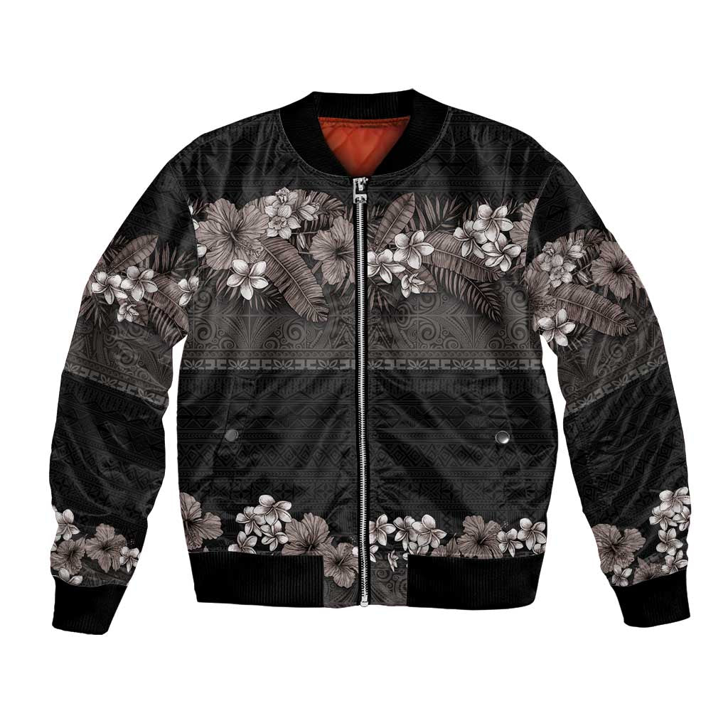 Hawaiian Tropical Flowers and Tribal Polynesian Tattoo Bomber Jacket Grayscale Mode LT03 Unisex Black - Polynesian Pride