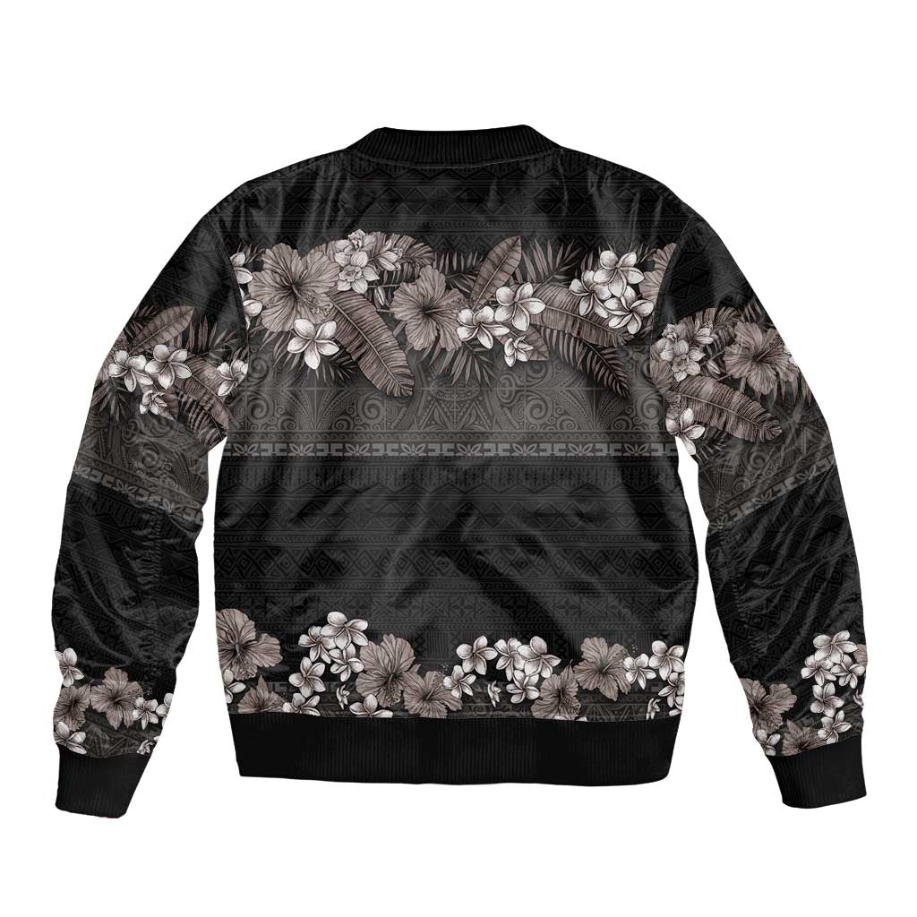 Hawaiian Tropical Flowers and Tribal Polynesian Tattoo Bomber Jacket Grayscale Mode LT03 - Polynesian Pride