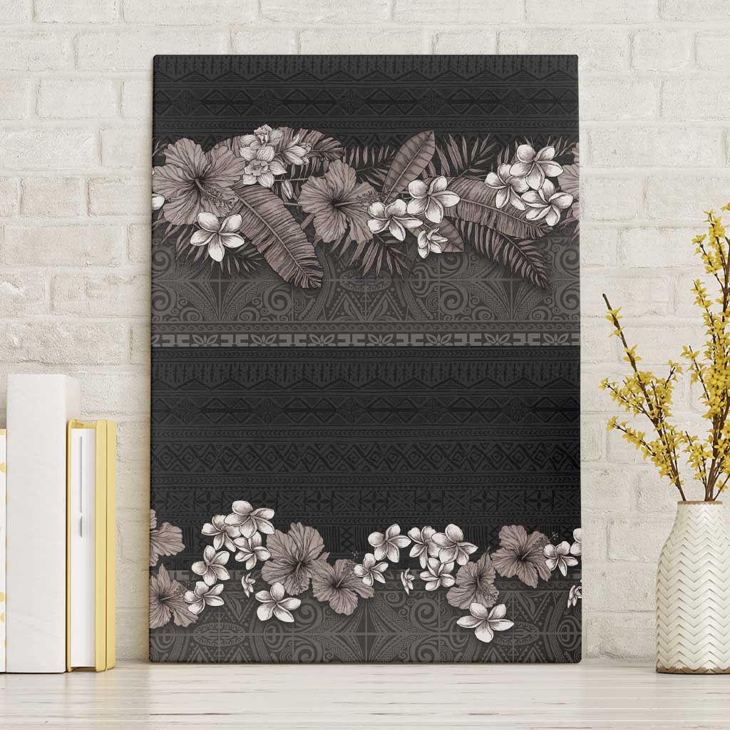Hawaiian Tropical Flowers and Tribal Polynesian Tattoo Canvas Wall Art Grayscale Mode LT03 Without Frame Black - Polynesian Pride