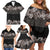 Hawaiian Tropical Flowers and Tribal Polynesian Tattoo Family Matching Off Shoulder Short Dress and Hawaiian Shirt Grayscale Mode LT03