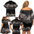 Hawaiian Tropical Flowers and Tribal Polynesian Tattoo Family Matching Off Shoulder Short Dress and Hawaiian Shirt Grayscale Mode LT03