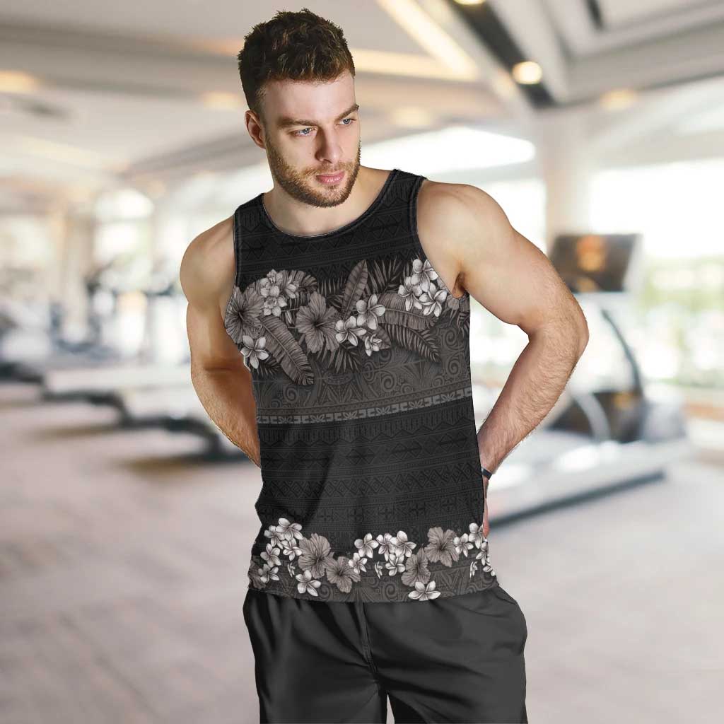 Hawaiian Tropical Flowers and Tribal Polynesian Tattoo Men Tank Top Grayscale Mode LT03 Black - Polynesian Pride