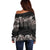 Hawaiian Tropical Flowers and Tribal Polynesian Tattoo Off Shoulder Sweater Grayscale Mode