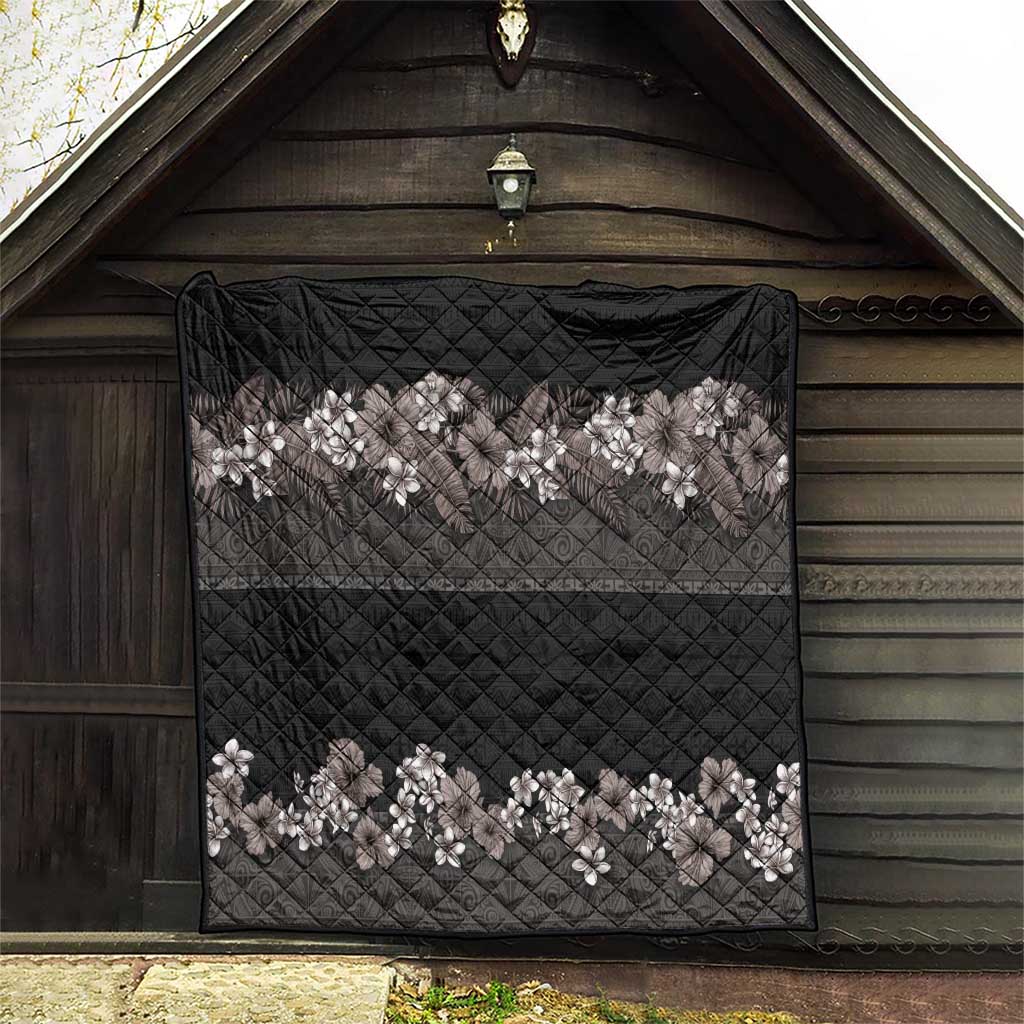 Hawaiian Tropical Flowers and Tribal Polynesian Tattoo Quilt Grayscale Mode LT03 - Polynesian Pride