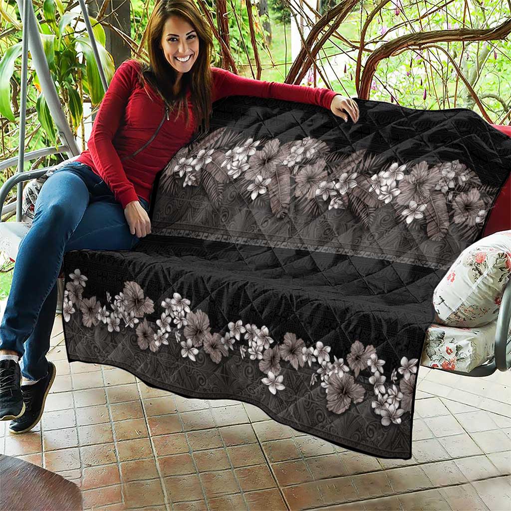Hawaiian Tropical Flowers and Tribal Polynesian Tattoo Quilt Grayscale Mode LT03 - Polynesian Pride