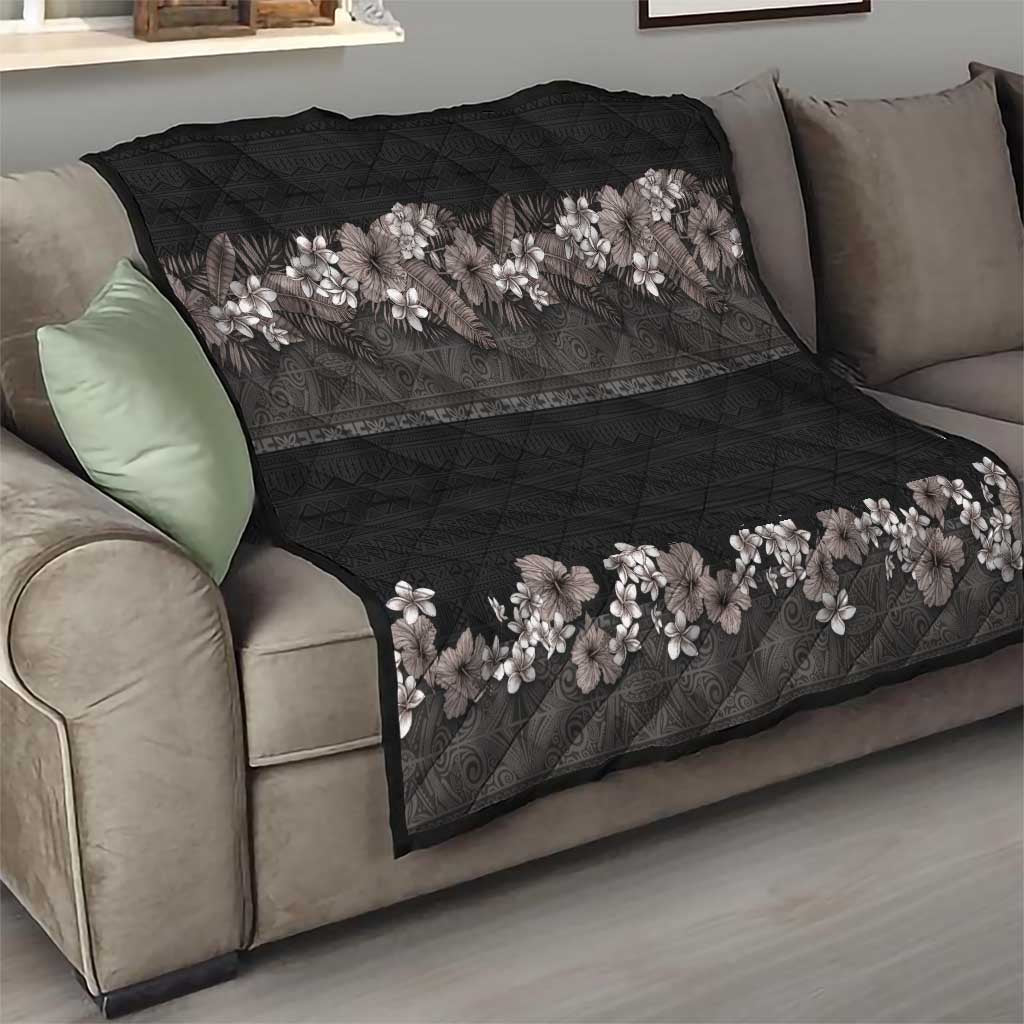 Hawaiian Tropical Flowers and Tribal Polynesian Tattoo Quilt Grayscale Mode LT03 - Polynesian Pride