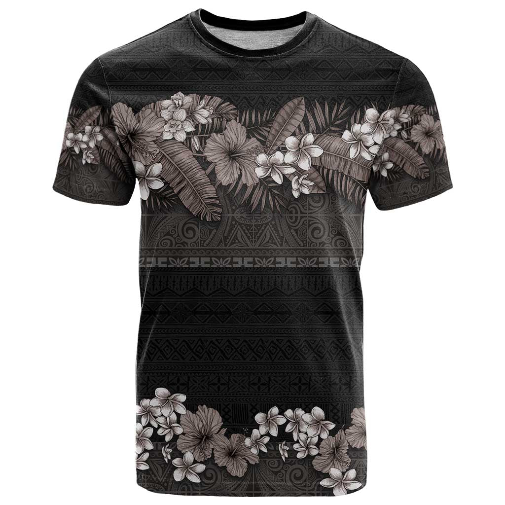 Hawaiian Tropical Flowers and Tribal Polynesian Tattoo T Shirt Grayscale Mode LT03 Black - Polynesian Pride