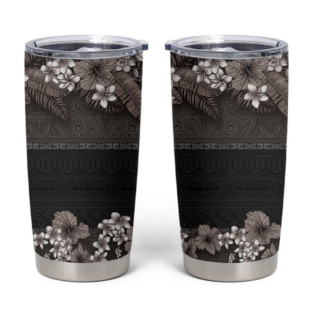 Hawaiian Tropical Flowers and Tribal Polynesian Tattoo Tumbler Cup Grayscale Mode LT03 Black - Polynesian Pride
