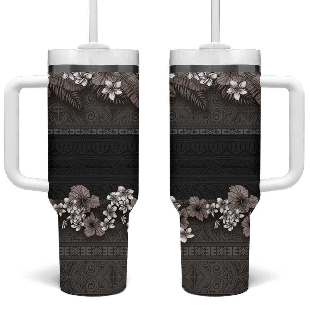 Hawaiian Tropical Flowers and Tribal Polynesian Tattoo Tumbler With Handle Grayscale Mode LT03 One Size: 40 oz Black - Polynesian Pride