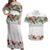 Hawaiian Tropical Flowers and Tribal Polynesian Tattoo Couples Matching Off Shoulder Maxi Dress and Hawaiian Shirt White Color