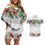 Hawaiian Tropical Flowers and Tribal Polynesian Tattoo Couples Matching Off Shoulder Short Dress and Hawaiian Shirt White Color