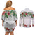 Hawaiian Tropical Flowers and Tribal Polynesian Tattoo Couples Matching Off Shoulder Short Dress and Long Sleeve Button Shirt White Color