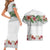 Hawaiian Tropical Flowers and Tribal Polynesian Tattoo Couples Matching Short Sleeve Bodycon Dress and Hawaiian Shirt White Color