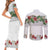 Hawaiian Tropical Flowers and Tribal Polynesian Tattoo Couples Matching Short Sleeve Bodycon Dress and Long Sleeve Button Shirt White Color