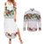 Hawaiian Tropical Flowers and Tribal Polynesian Tattoo Couples Matching Summer Maxi Dress and Long Sleeve Button Shirt White Color