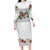 Hawaiian Tropical Flowers and Tribal Polynesian Tattoo Family Matching Long Sleeve Bodycon Dress and Hawaiian Shirt White Color