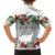 Hawaiian Tropical Flowers and Tribal Polynesian Tattoo Family Matching Off Shoulder Short Dress and Hawaiian Shirt White Color