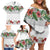 Hawaiian Tropical Flowers and Tribal Polynesian Tattoo Family Matching Off Shoulder Short Dress and Hawaiian Shirt White Color LT03