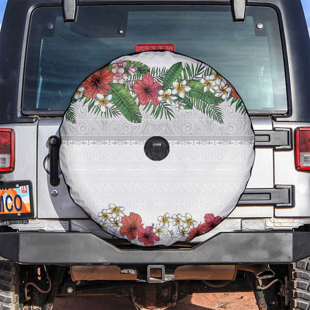 Hawaiian Tropical Flowers and Tribal Polynesian Tattoo Spare Tire Cover White Color