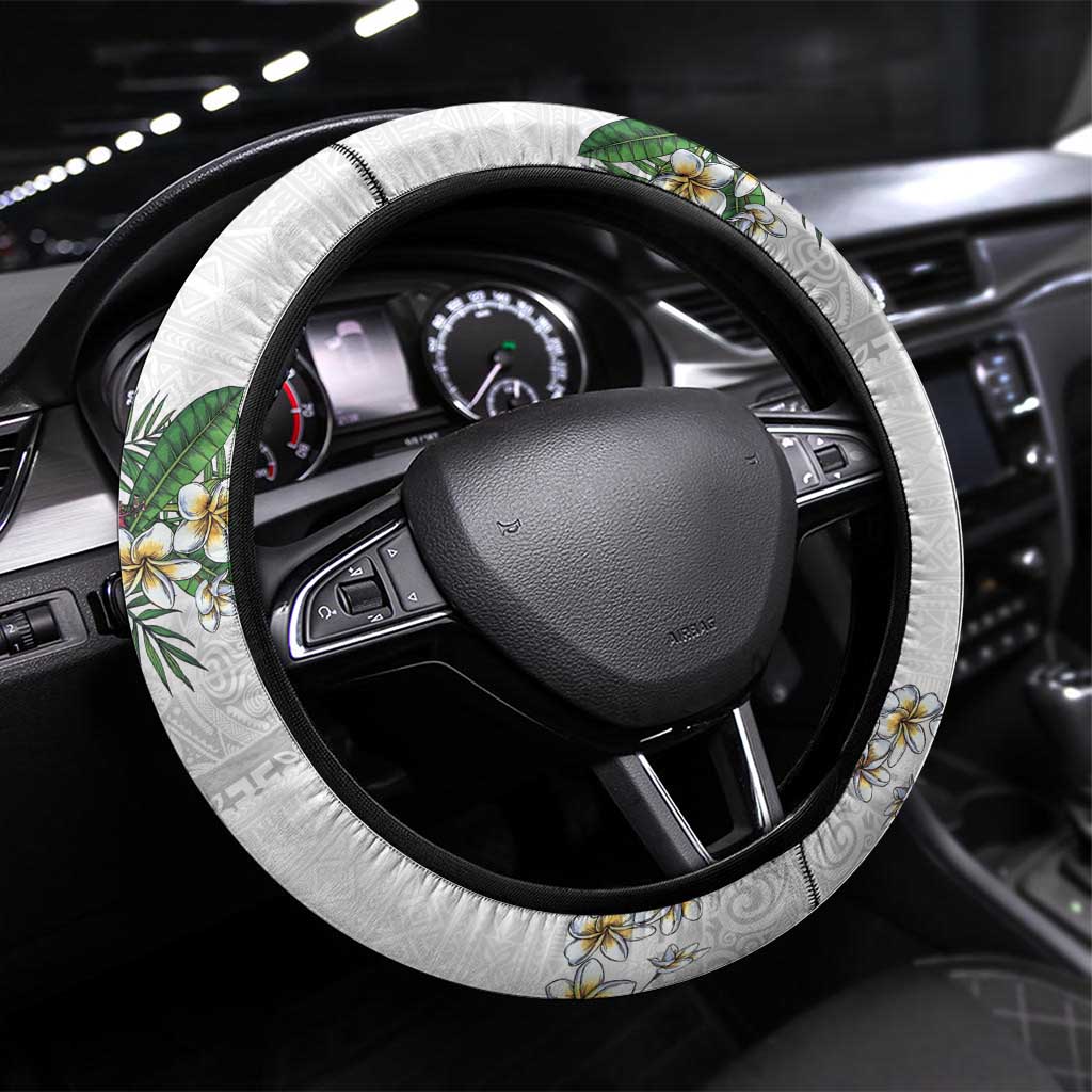 Hawaiian Tropical Flowers and Tribal Polynesian Tattoo Steering Wheel Cover White Color