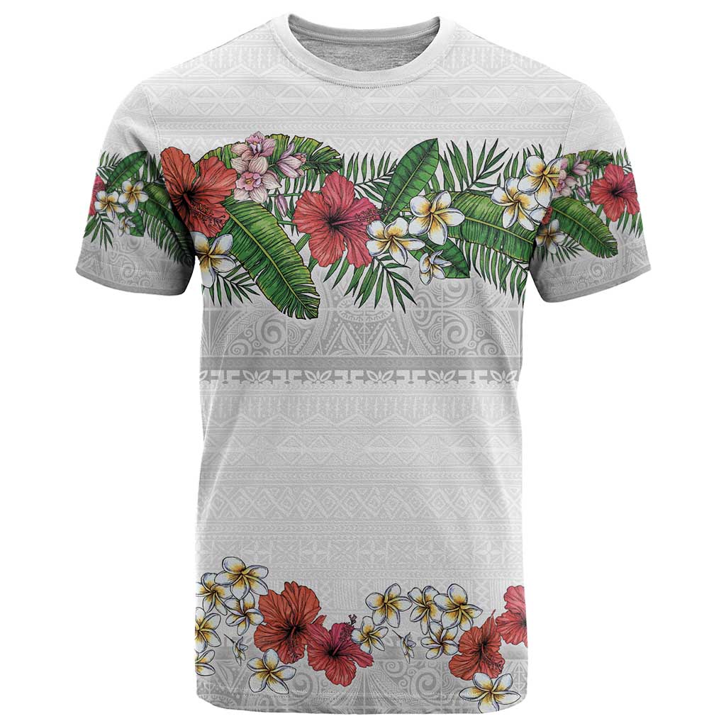 Hawaiian Tropical Flowers and Tribal Polynesian Tattoo T Shirt White Color LT03 White - Polynesian Pride