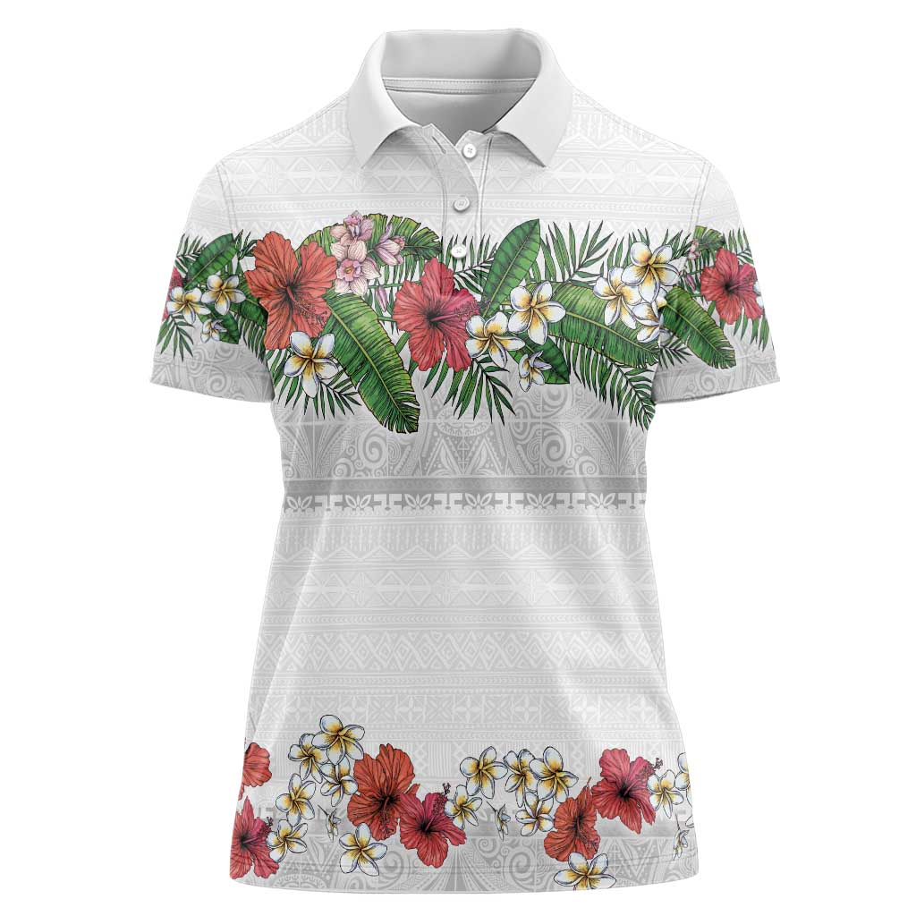 Hawaiian Tropical Flowers and Tribal Polynesian Tattoo Women Polo Shirt White Color