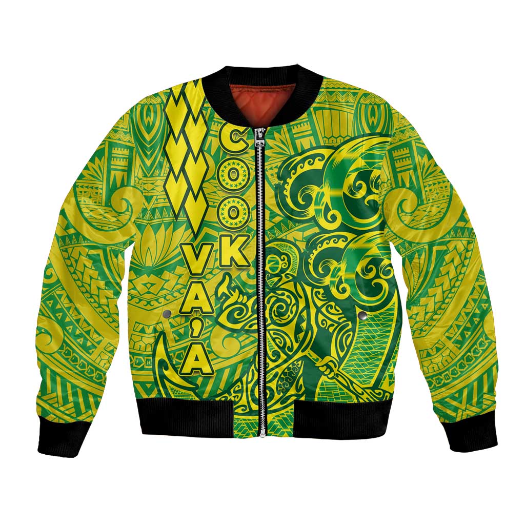 Cook Islands Va'a Polynesian Art Tattoo Bomber Jacket National Color LT03 Unisex Green - Yellow - Polynesian Pride