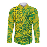 Cook Islands Va'a Polynesian Art Tattoo Long Sleeve Button Shirt National Color LT03 Unisex Green - Yellow - Polynesian Pride