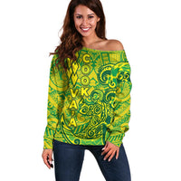 Cook Islands Va'a Polynesian Art Tattoo Off Shoulder Sweater National Color LT03 Women Green - Yellow - Polynesian Pride