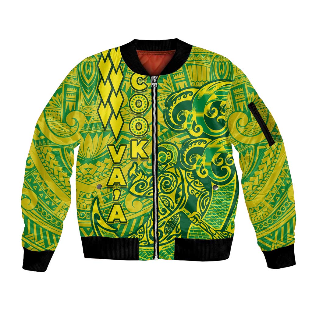 Cook Islands Va'a Polynesian Art Tattoo Sleeve Zip Bomber Jacket National Color LT03 Unisex Green - Yellow - Polynesian Pride