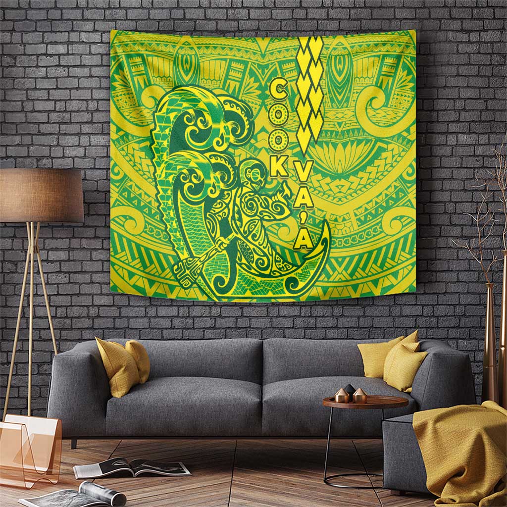 Cook Islands Va'a Polynesian Art Tattoo Tapestry National Color LT03 Green - Yellow - Polynesian Pride