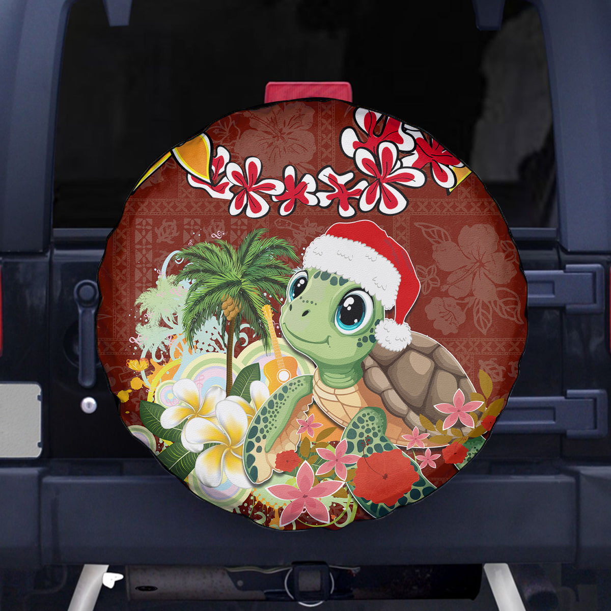 Hawaii Honu Mele Kalikimaka Spare Tire Cover Santa Tropical Flower Aloha Summer Red Version LT03 Red - Polynesian Pride