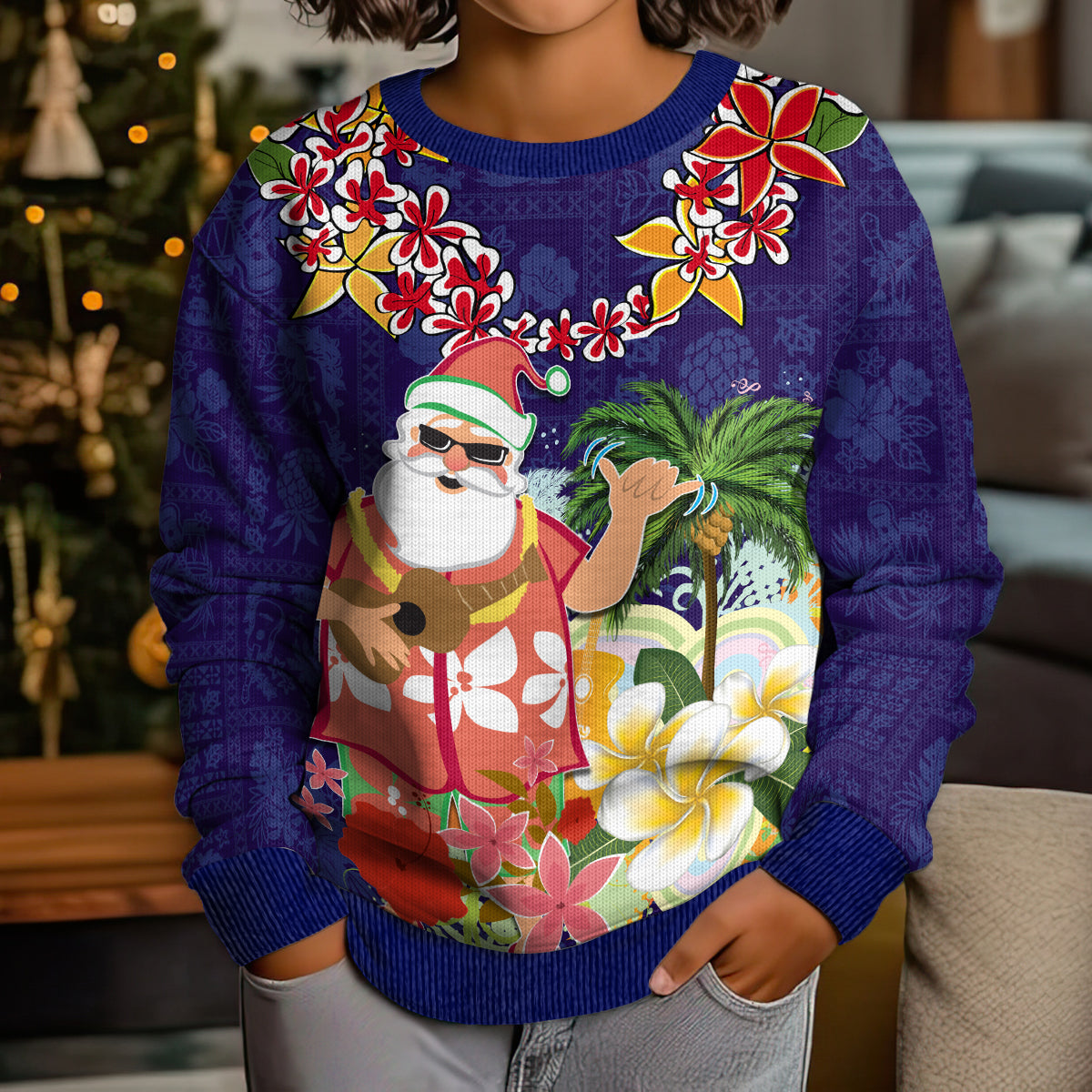 Hawaii Honu Mele Kalikimaka Kid Ugly Christmas Sweater Santa Tropical Flower Aloha Summer Blue Version LT03 - Polynesian Pride
