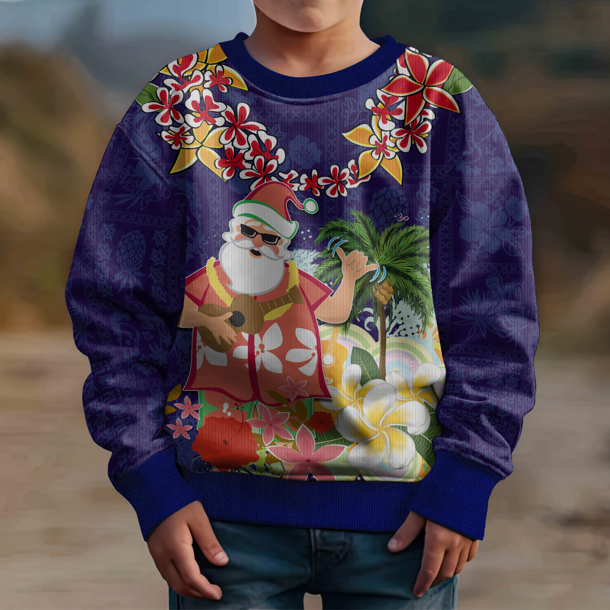 Hawaii Honu Mele Kalikimaka Kid Ugly Christmas Sweater Santa Tropical Flower Aloha Summer Blue Version LT03 - Polynesian Pride