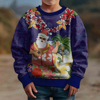 Hawaii Honu Mele Kalikimaka Kid Ugly Christmas Sweater Santa Tropical Flower Aloha Summer Blue Version LT03 - Polynesian Pride