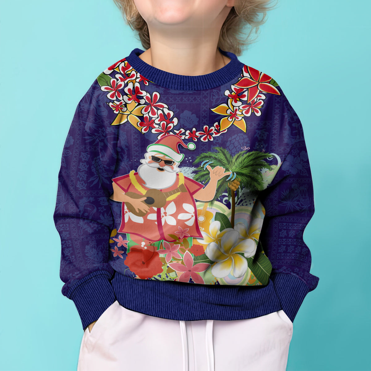Hawaii Honu Mele Kalikimaka Kid Ugly Christmas Sweater Santa Tropical Flower Aloha Summer Blue Version LT03 - Polynesian Pride