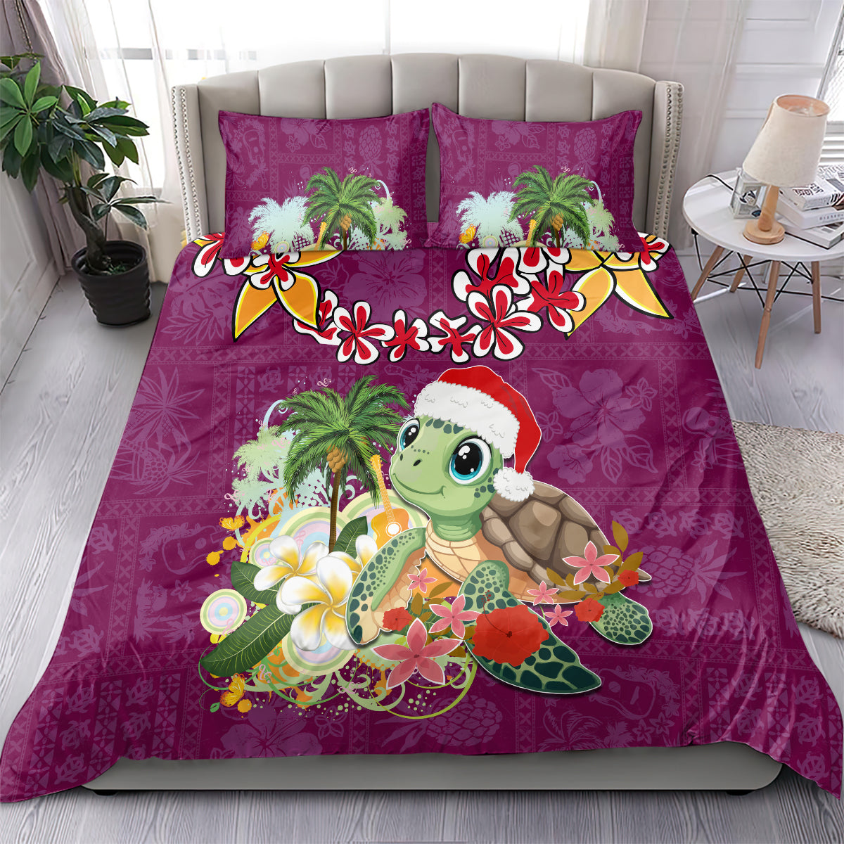 Hawaii Honu Mele Kalikimaka Bedding Set Santa Tropical Flower Aloha Summer Pink Version LT03 - Polynesian Pride