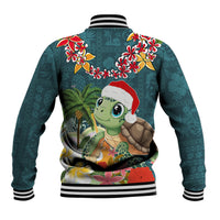 Hawaii Honu Mele Kalikimaka Baseball Jacket Santa Tropical Flower Aloha Summer Turquoise Version LT03 - Polynesian Pride