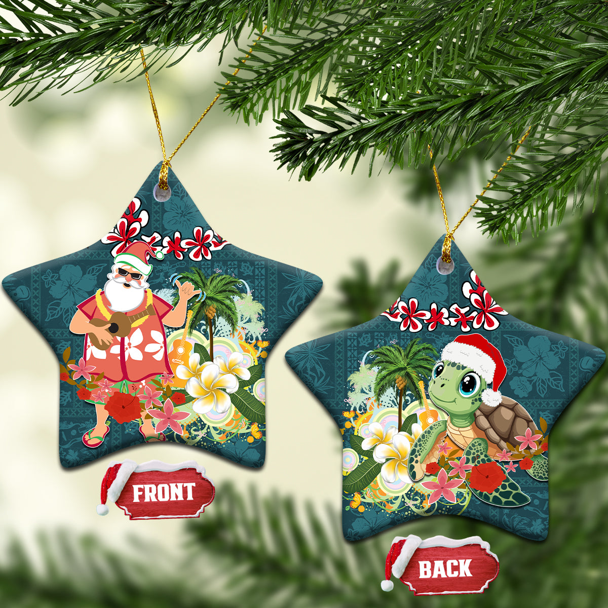 Hawaii Honu Mele Kalikimaka Ceramic Ornament Santa Tropical Flower Aloha Summer Turquoise Version LT03 Star Turquoise - Polynesian Pride