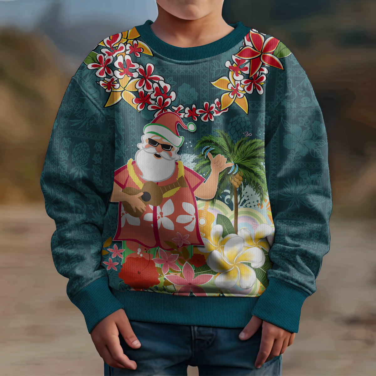 Hawaii Honu Mele Kalikimaka Kid Ugly Christmas Sweater Santa Tropical Flower Aloha Summer Turquoise Version LT03 - Polynesian Pride
