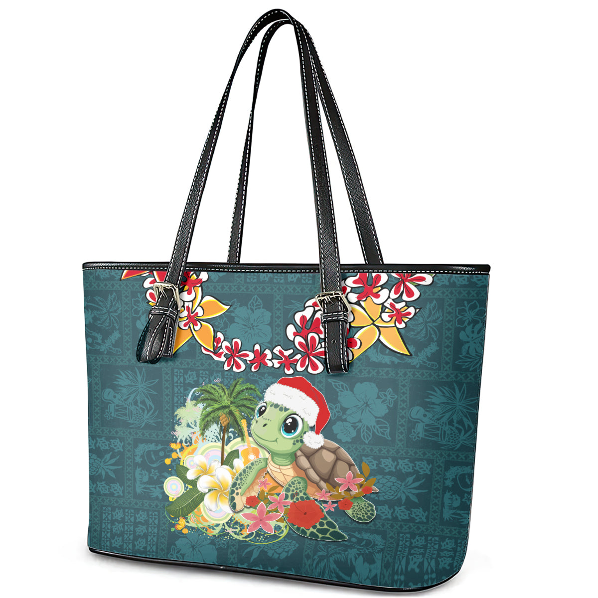 Hawaii Honu Mele Kalikimaka Leather Tote Bag Santa Tropical Flower Aloha Summer Turquoise Version LT03 - Polynesian Pride