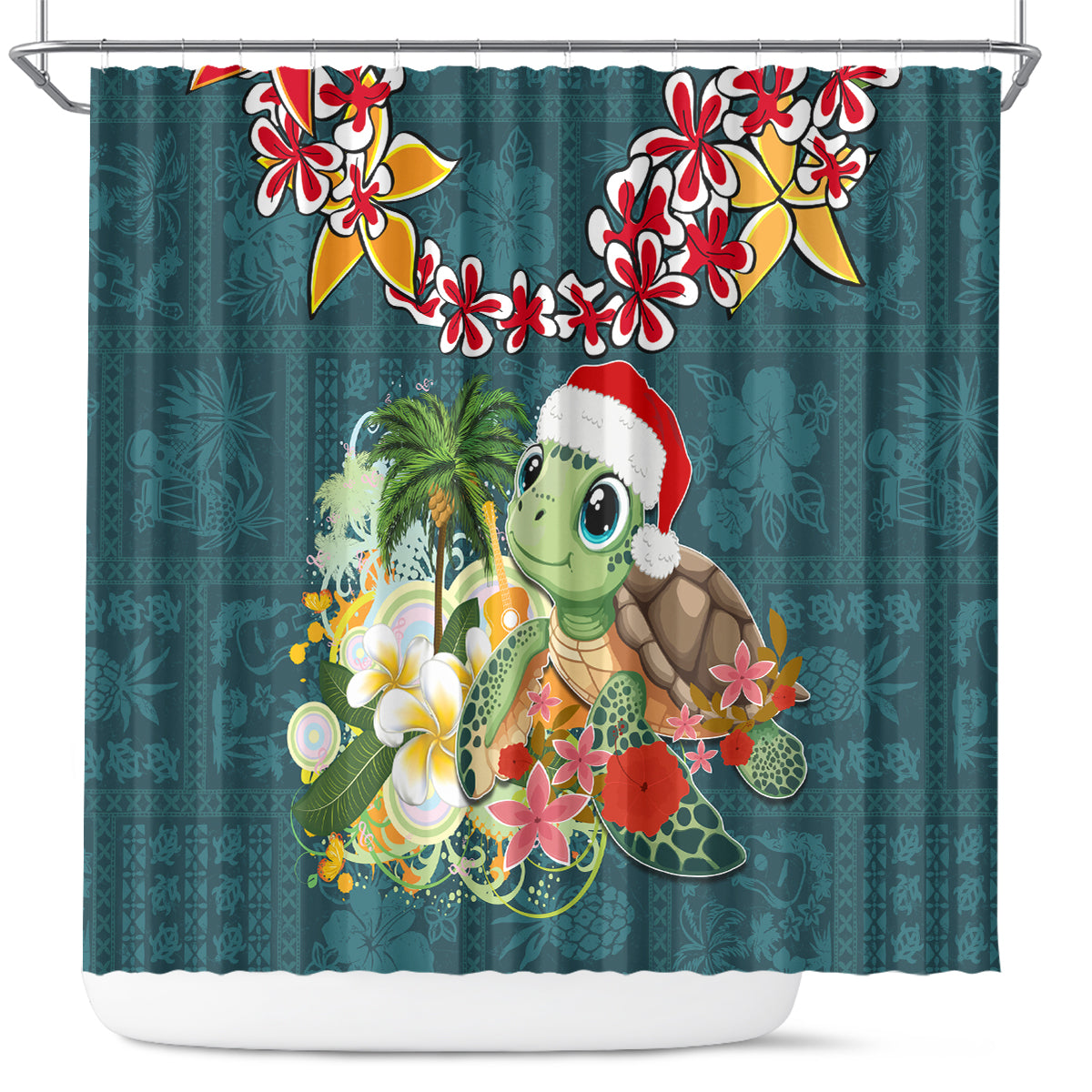 Hawaii Honu Mele Kalikimaka Shower Curtain Santa Tropical Flower Aloha Summer Turquoise Version LT03 Turquoise - Polynesian Pride