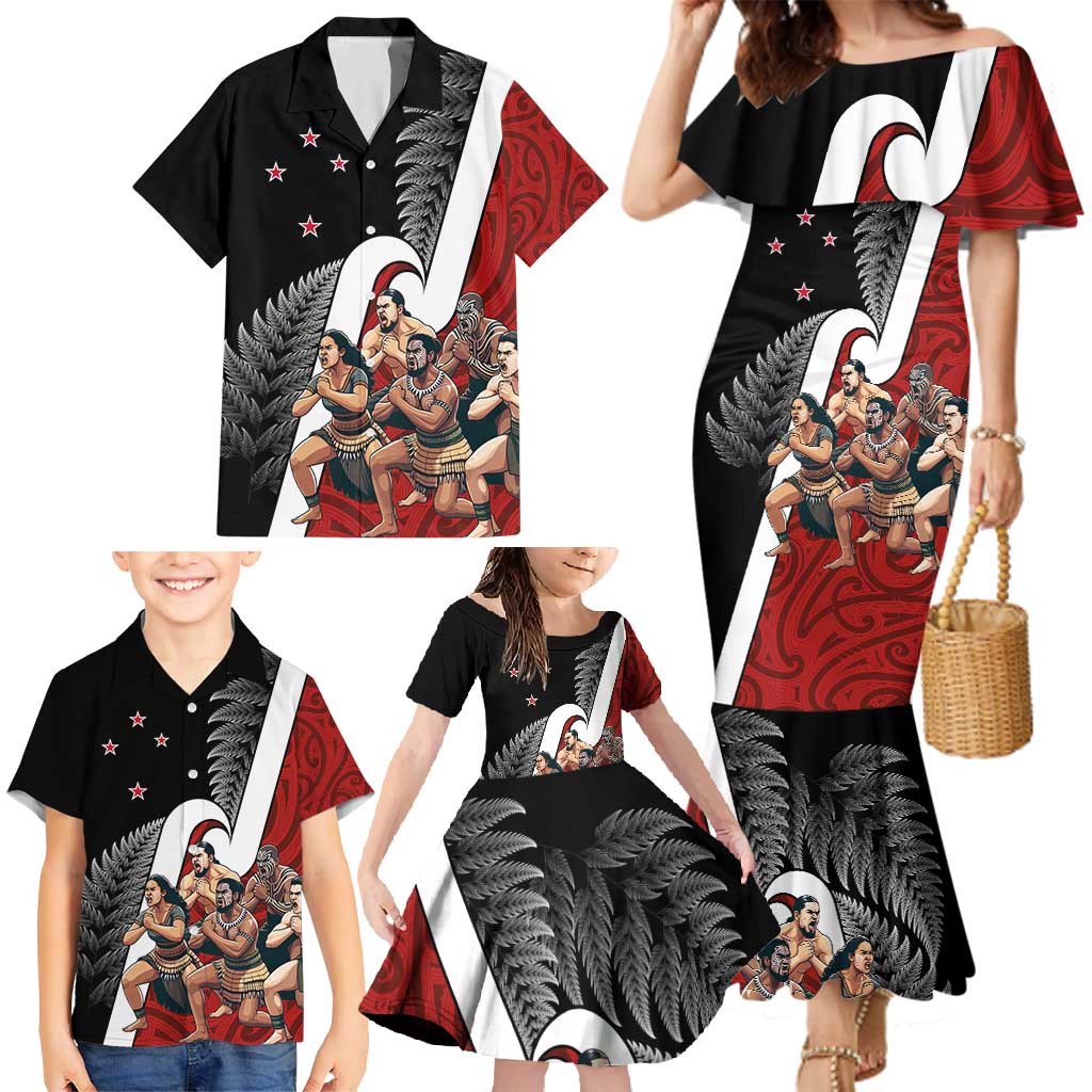 New Zealand Te Matatini Family Matching Mermaid Dress and Hawaiian Shirt Kapa Haka and Silver Fern - Maori Art Pattern