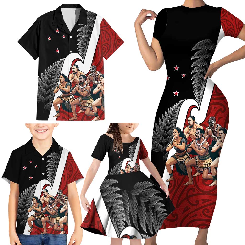 New Zealand Te Matatini Family Matching Short Sleeve Bodycon Dress and Hawaiian Shirt Kapa Haka and Silver Fern - Maori Art Pattern