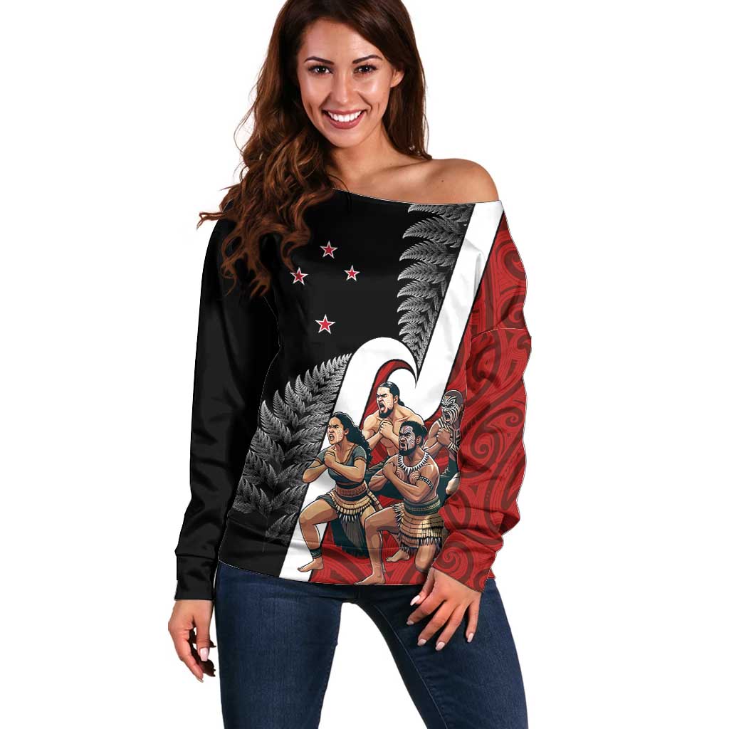 New Zealand Te Matatini Off Shoulder Sweater Kapa Haka and Silver Fern - Maori Art Pattern LT03 Women Black - Polynesian Pride